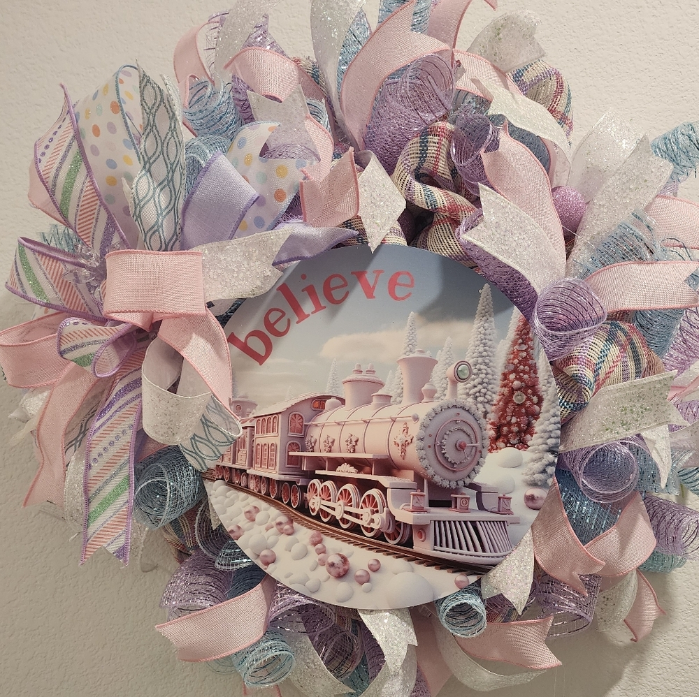 Handmade Christmas Wreath  Belive Train Pink